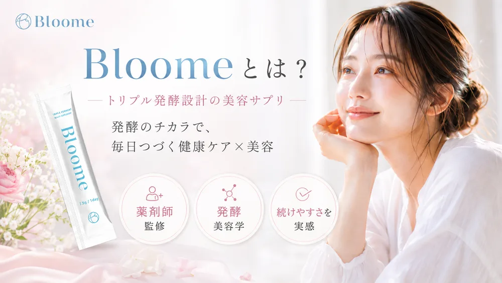 BLOOME（ブルーミー）はトリプル発酵設計の美容サプリであることを紹介する図