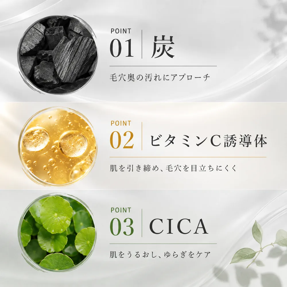 炭・ビタミンC誘導体・CICAという3つの注目成分の紹介